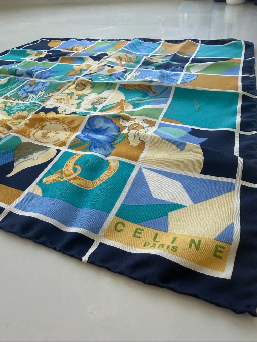 Celine Silk Scarf in Navy, Teal & Mustard - Picture 2 of 4